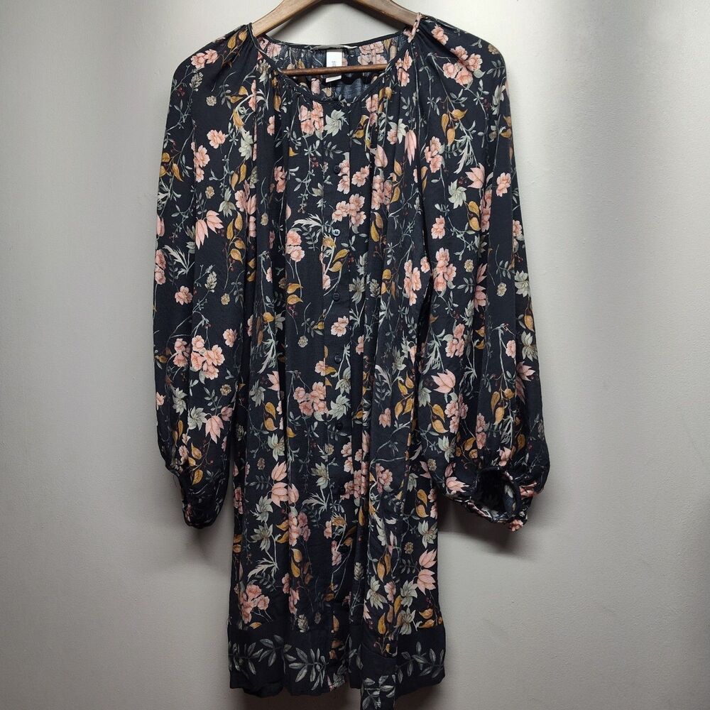 H&M Mini Dress Women L Gray Floral Long Sleeve Romantic Bohemian Cottagecore